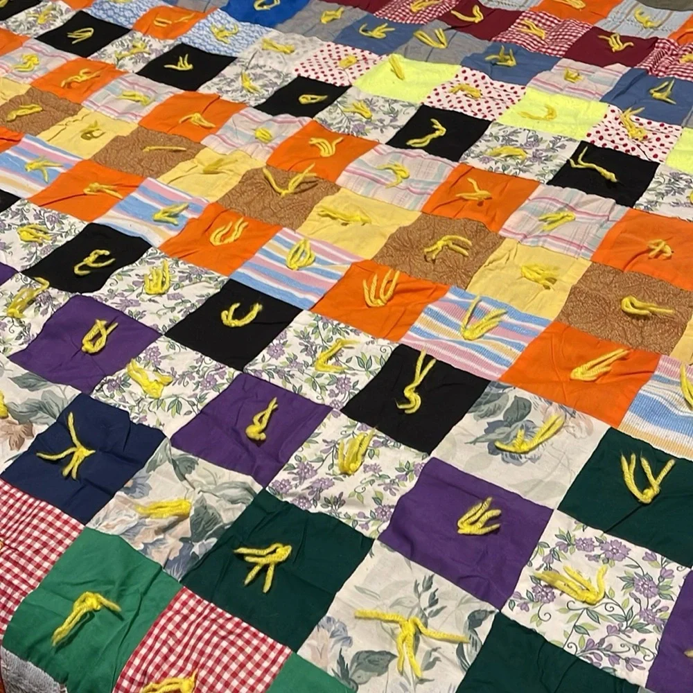 Vintage handmade patchwork with yarn ties quilt!